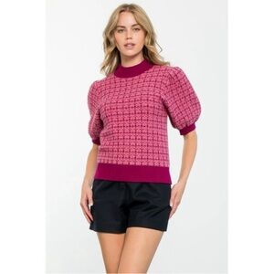 THML Women’s Sweater Pink “tweed” Balloon Sleeve Knit Top in Magenta New size XS